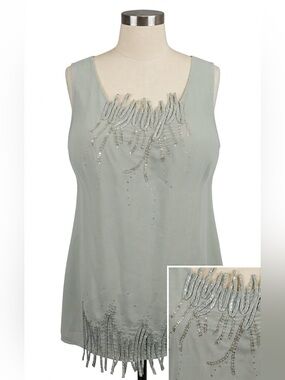 Vintage Psalm: CIV Muted Sage Green Beaded Fringed Blouse Top Plus Size 22W SL
